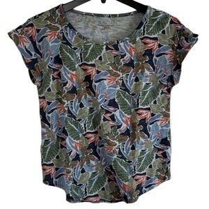 LL Bean | Tropical Leaf Print Short Sleeve Shirt Blue Green Orange Crew Neck